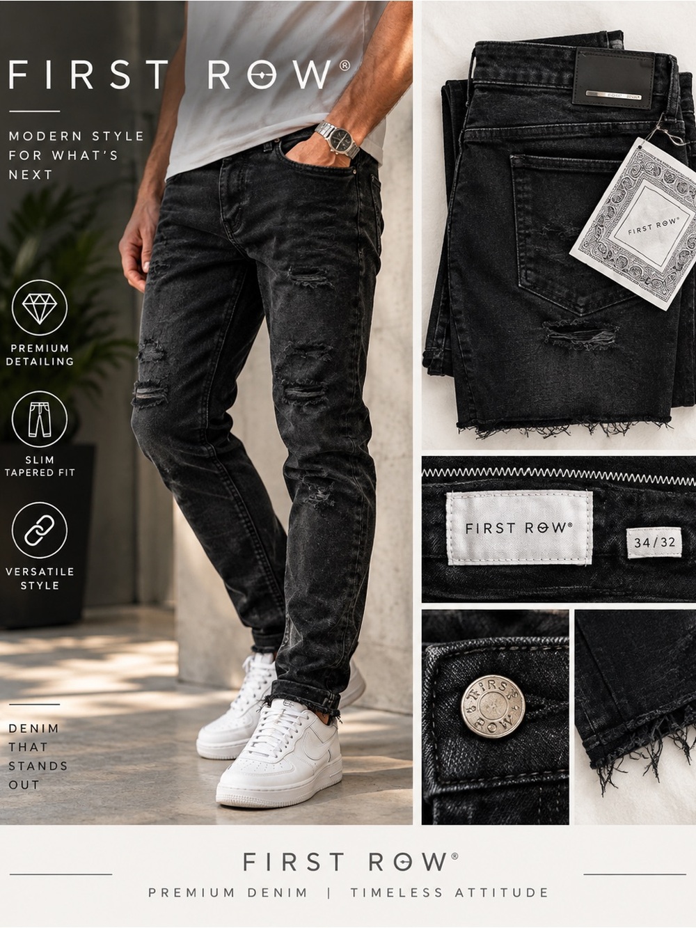 First Row Men’s Black Distressed Jeans - Size 34x32